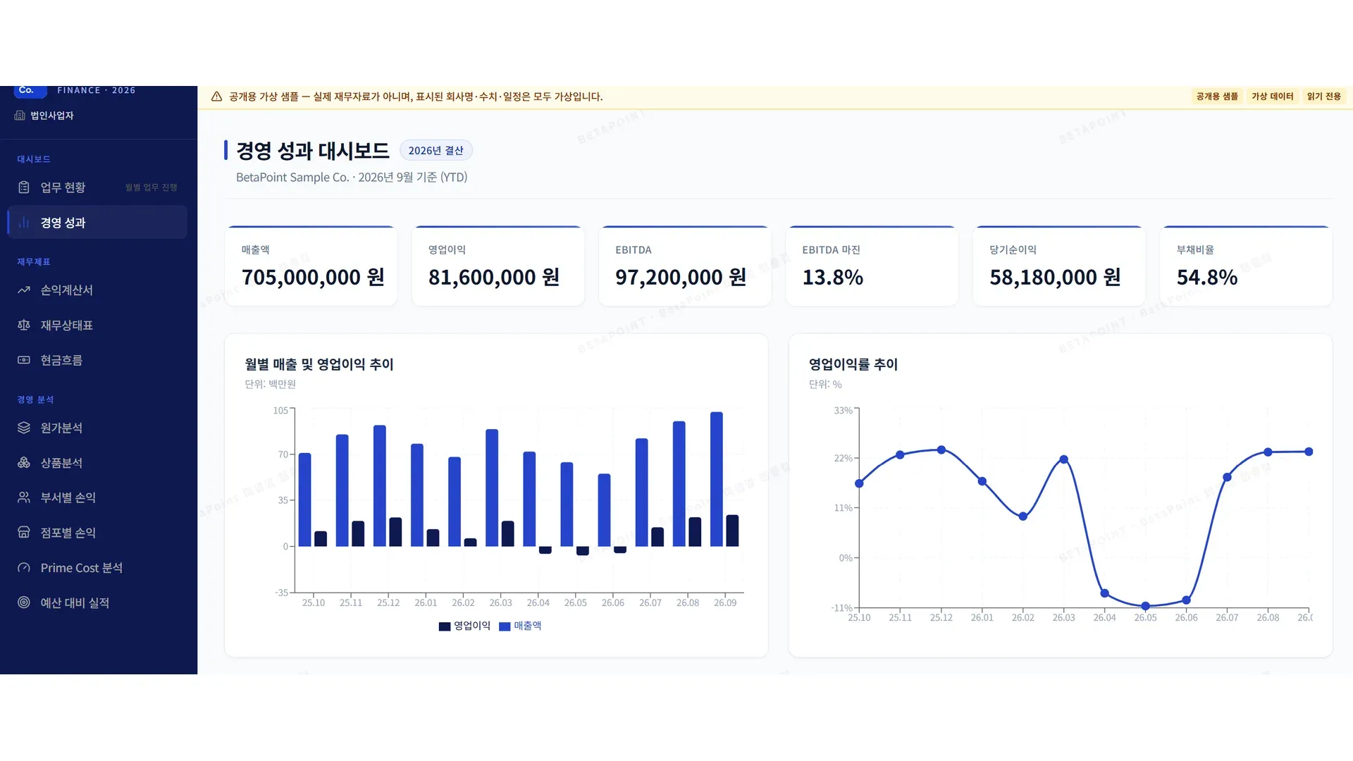 확대해서 보기 BetaFIN 경영 성과 요약 보고서 화면 — 합성 데이터